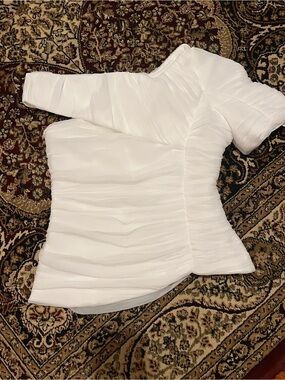 One-Shoulder White Ruched Peplum Blouse
